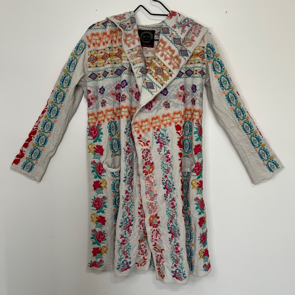 Johnny Was Embroidered Hooded Duster Women's S Art to Wear Layering Statement